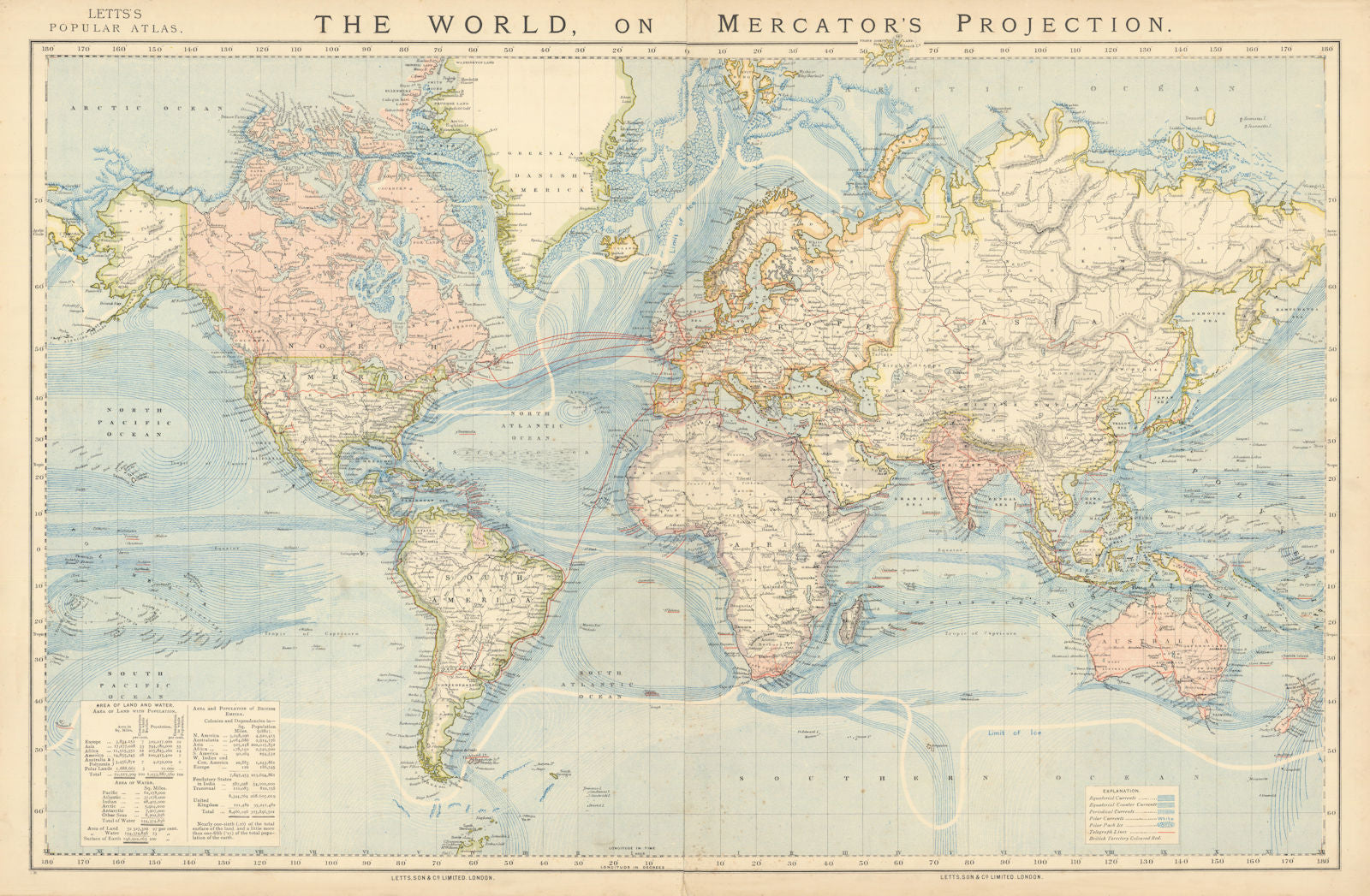 WORLD ON MERCATOR'S PROJECTION. British Empire. Telegraph cables. LETTS 1892 map